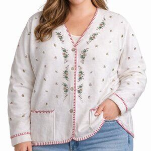 VTG Women's Sweater XXL White w/ Colorful Floral Cardigan Whimsical Cottagecore
